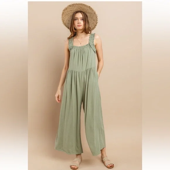 18 Solid Ruffle Strap Wide Leg Jumpsuit - Picture 4 of 9
